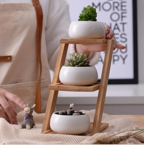 Semplice bianco nuovo carnosa pianta di ceramica piccolo ovale zakka contiene tre strati di bambù combinazione telaio in vaso vaso di fiori - Product Image 2