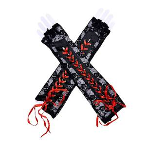 Gants longs pour femmes de haute qualité, sexy, en dentelle noire et blanche, à demi-doigts, avec ruban, pour fête d'Halloween - Product Image 5
