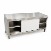 Table de travail de cuisine en acier inoxydable commercial avec armoire à porte coulissante et étagères ouvertes, table de préparation et de rangement pour restaurant