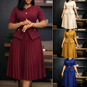 2026 Trendy Summer Career Dresses Women Lady Elegant O- Neck Single-breasted Two Piece Illusion Pleated Casual Dresses With Belt - Product Image 2