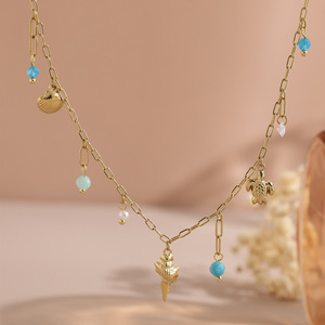 <span class=keywords><strong>Collana</strong></span> Trendy in Acciaio Inossidabile Placcato Oro 18K PVD con Tema Marino, Ciondoli a Conchiglia e Tartaruga, Perline Colorate e Catena Sottile a Graffetta - Product Image 5