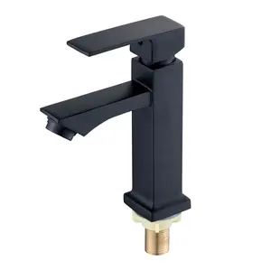 Factory Supplier Black (colour) Bathroom Sink Tap Deck Mounted Chrome Single Handle Single Cold Water Wash Hand Zinc Body Square