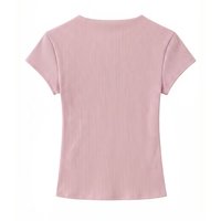 UNIZERA Kaos Wanita Lengan Pendek Warna Pink Model Slim Fit Kerah Lurus Berbahan Ribbed dengan Kancing Depan, Koleksi Musim Panas 2026 Terbaru 0347324