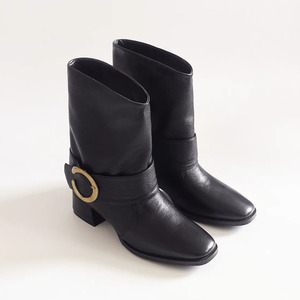 2025 nuovo francese semplice punta quadrata <span class=keywords><strong>tacco</strong></span> spesso in pelle bovina con fibbia in metallo <span class=keywords><strong>stivali</strong></span> medi pantaloni a tubo <span class=keywords><strong>stivali</strong></span> donna - Product Image 5