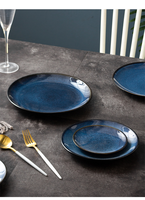 Assiette japonaise écologique en porcelaine, style américain, bleu émaillé, ronde, pour la cuisine, les plats occidentaux, les desserts, les salades, les steaks.