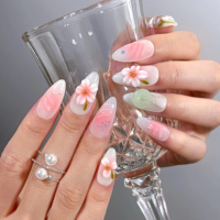 Nouvelles Ongles Press-On en Acrylique Style Chinois Certifiées CE, Forme Amande, Fleur de Pêcher 3D, Paillettes Nacrées, Personnalisables pour Salons de Manucure et Spas