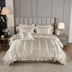 Silk Beige Satin Comforter Set with Ruffle Pattern Luxury 8-Piece Sheet Set Bedding Includes Comforter Pillow Shams Pillow Cases