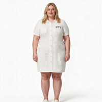 Robes en tricot écologiques simples à boutons pour femmes de haute qualité, col rabattu, manches courtes, longueur mini, pull blanc, automne