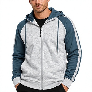 Servicio OEM, MOQ bajo, sudaderas con capucha para hombre, sudadera con capucha con cremallera, cordón ajustable, bloques de color, manga raglán, bolsillo canguro. - Product Image 4