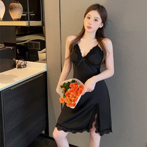 Pigiama Estivo da Donna 2023 in Seta con Imbottitura sul Petto, Sexy Lingerie in Pizzo, Camicia da Notte in Raso Tinta Unita per Ragazze - Product Image 2