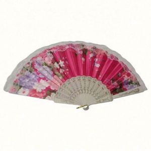 Abanico de Mano de Plástico Blanco de 23 cm, con Diseño Multicolor en Tela Satinada y Encaje, Ideal para Fiestas, Promociones, Año Nuevo y Pascua - Product Image 1