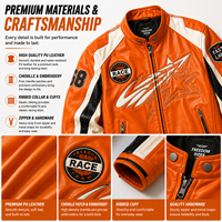 Blouson de moto personnalisé pour homme, orange, fabrication OEM, étiquette privée, col à patch, fermeture éclair, cuir, MOQ 10 pièces, sur commande, blouson en cuir