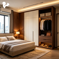 Armoire de chambre moderne en bois bicolore sur mesure avec éclairage LED, tiroirs, étagères, tringle de suspension et meuble de rangement pour chaussures