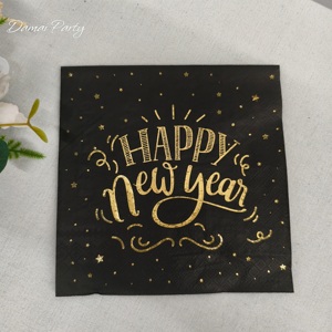 DAMAI Happy New Year Party Supplies Black Square Plate with Golden Happy New Year <b>Disposable</b> <b>Tableware</b> Set Paper Cups Napkins - Product Image 4
