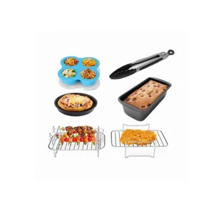 Conjunto de acessórios para fritadeira de ar antiaderente, 6 peças, 8 polegadas, para bolos, barril, panelas, espeto, torradas, pinças de reposição para pizza e torradas, comida