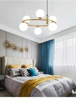 Lustre suspendu LED moderne de luxe à hauteur réglable, 6 lumières, cadre en laiton doré, boules de verre blanc laiteux, pour salon et chambre à coucher