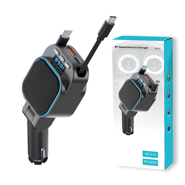 4 in 1 Type c Retractable Car Phone Charger 96W PD BT 5.3 Fm Transmitter Car Charger MP3 Player Handsfree Car Radio Fast Charger