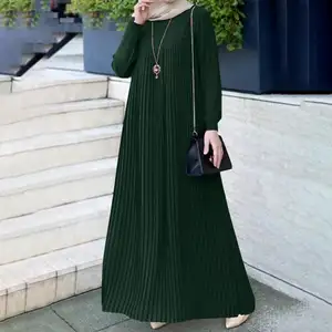 Muslim Style Arab Pleated Dress Simple Solid Color Crewneck Long Sleeve Pleated Design Muslim Dress