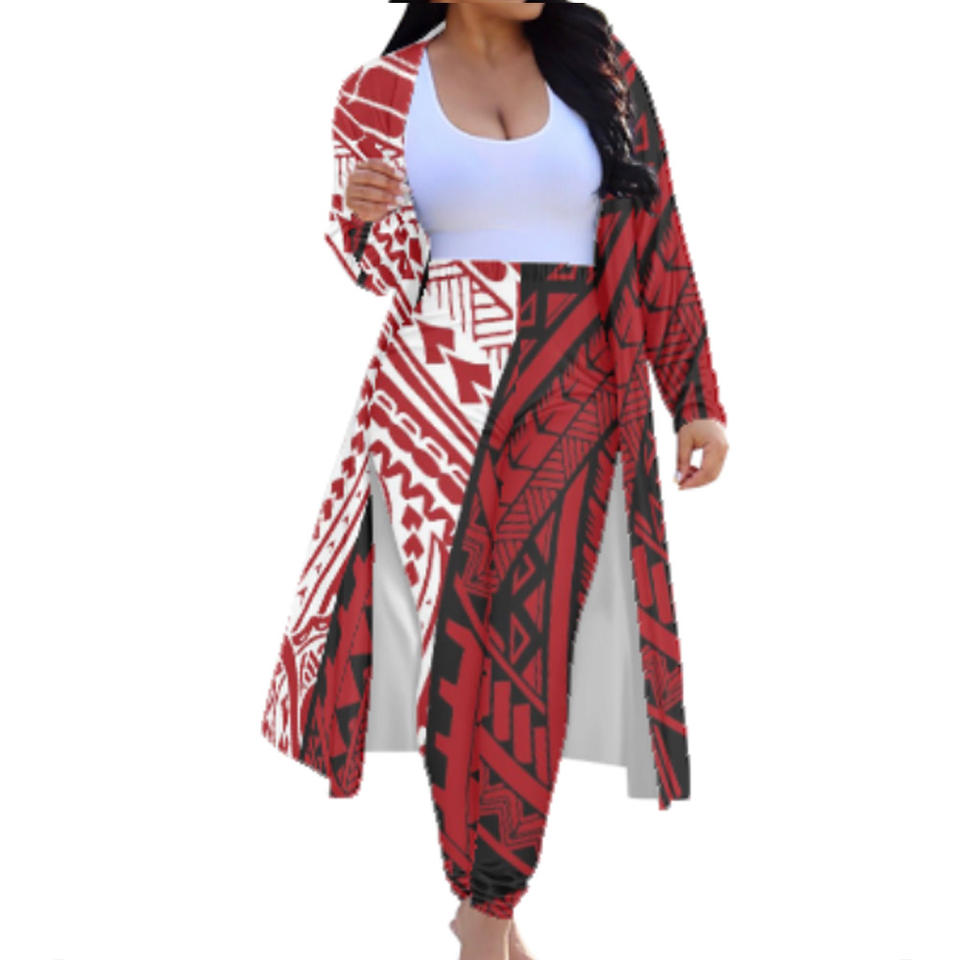 Dropshipping Hawaiian Hibiscus Polynesian Floral Print Cheap High Waist Plus Size 2pcs Women's Long Sleeve Cardigan And Leggings