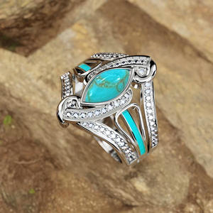 Anello da Cocktail Geometrico da Donna T0917 con Pietra Naturale Turchese Taglio Marquise e Incastonatura Pavé, Anelli di Moda per Matrimonio - Product Image 5