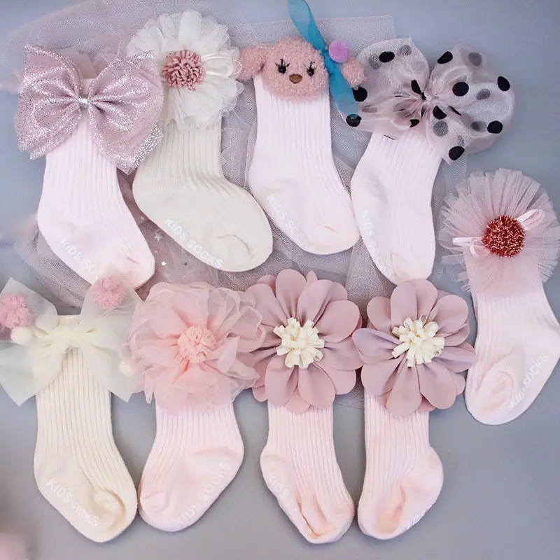 New Arrive Cute Children's Socks Korean Flower Lace Bow Baby Girl Socks High Stretch Elastic Cotton Custom Baby Socks