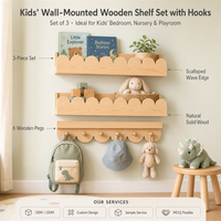 Étagère Murale Multifonctionnelle en Bois Naturel Brut à Trois Niveaux pour Chambre d'Enfant et Salon, Crochets Arrondis Anti-Chute, Flottante et Gain de Place