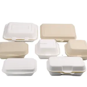 Contenedor de comida para llevar, caja biodegradable de papel de bagazo de caña de azúcar