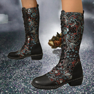 Bottes d'hiver élégantes pour femmes, taille plus, à fleurs, rétro, brodées, à lacets, talon carré, bottes hautes - Product Image 3