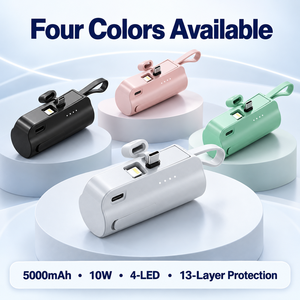Chargeur portable compact 5000 mAh avec câble de charge intégré, alimentation 10 W, double port USB, support de téléphone pliable - Product Image 1