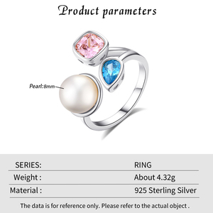 Anillo de Plata S925 con Perla de Agua Dulce, Zirconia Azul en Forma de Lágrima y Zirconia Rosa Cuadrada — Joyería Elegante para Mujer - Product Image 6