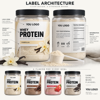 Emballage personnalisé pour poudre de protéines en marque privée, pot en PET transparent avec couvercle à logo pour les marques de compléments alimentaires à base de protéines de lactosérum et de protéines végétales, vente en gros