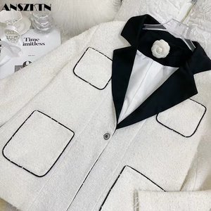 ANSZKTN-<span class=keywords><strong>Chaqueta</strong></span> de Traje de Lana para <span class=keywords><strong>Mujer</strong></span>, <span class=keywords><strong>Blazer</strong></span> con Bolsillos Grandes, <span class=keywords><strong>Blazer</strong></span> de Tweed, Estilo Occidental, Vintage, Blanco - Product Image 2