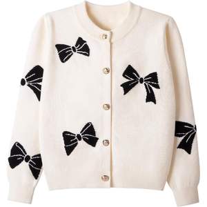 Cardigan en tricot à manches longues pour fille, col rond, décontracté, en laine, hiver/automne, imprimé, broderie décorative - Product Image 1