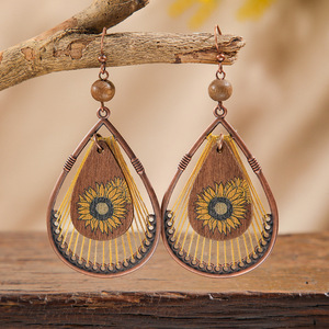 Original Design Bohemia Wooden Water <b>Drop</b> Earrings Antique <b>Bronze</b> Plated Handmade Sunflower Pattern Women's Fashion Jewelry - Product Image 1