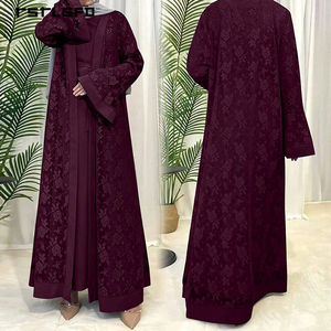 Luxury Burgundy Floral Lace Breathable Floor Length Open Abaya Set <b>Bell</b> Sleeve Inner Dress Modest Muslim Women Evening Party Two - Product Image 2