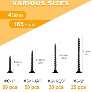 Drywall <b>Screw</b> <b>Set</b> #6 Black Wood <b>Screws</b> 165Pcs Coarse Thread Half Sinking Head For Construction - Product Image 1