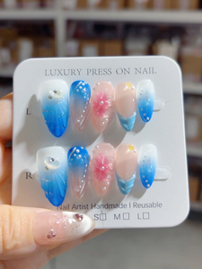 Ongles artisanaux rose ombré 3D avec fleurs blanches <span class=keywords><strong>et</strong></span> rouges, étoiles <span class=keywords><strong>et</strong></span> strass, vente en gros pour salons de beauté <span class=keywords><strong>et</strong></span> revendeurs de cadeaux pour demoiselles d'honneur - Product Image 4