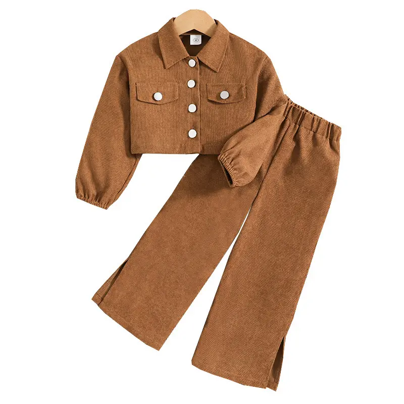 Детская одежда 2023 Осень Новый короткий кардиган с длинным рукавом топ широкие брюки вельветовые комплекты из двух предметов