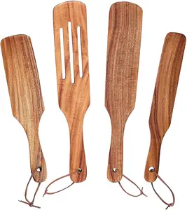Juego de madera de teca con cuerdas de cuero PU, paquete de 4 utensilios de madera, resistentes al calor y seguros en sus sartenes antiadherentes