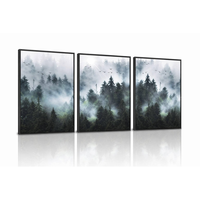 Lot de 3 tableaux encadrés Forêt Brumeuse sur toile, Triptyque Pin Brumeux, Rayons de Lumière, Oiseaux, Nature, Décoration pour Hôtel, Bureau, SPA