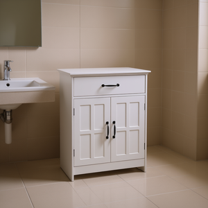 Mobiletto da bagno bianco in truciolato stile rustico con maniglie in metallo per un'organizzazione efficiente - Product Image 2