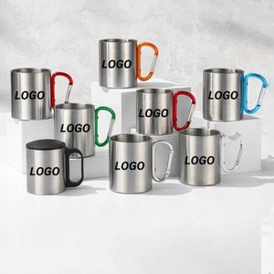 Tasse à café portable en acier inoxydable à double paroi de 220 ml et 300 ml pour la randonnée, le camping et les voyages, avec mousqueton et poignée - Product Image 1