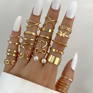 Punk Gold Color Butterfly Snake Flower Finger Rings Set Women Fashion Party Rings Jewelry