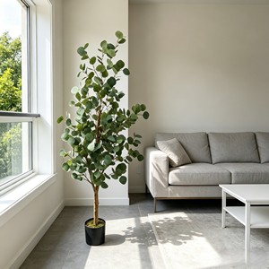 Nordic Style Faux Silver Dollar Eucalyptus <b>Tree</b> Real Wood Trunk Potted <b>Plant</b> in White <b>Pot</b> for Wedding Centerpiece - Product Image 5