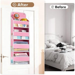 Organisateur suspendu sur porte à 4 poches, en tissu non tissé rose, pour l'organisation de la chambre d'enfant, de la chambre à coucher et du placard - Product Image 6