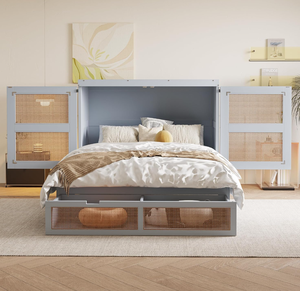 Letto a Scomparsa in Legno con Struttura in Pino in Stile Moderno e Inserto in Vimini, Adatto per Camere da Letto - Product Image 4