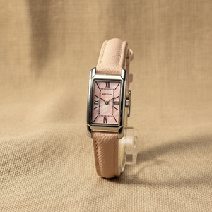 Silver <strong>Rectangular</strong> Case <strong>Watch</strong> with Pink Mother of Pearl Dial Roman Numerals and Light Pink Leather Strap Fashionable Lady <strong>watch</strong> - Product Image 1