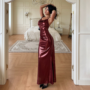 ชุดราตรีผ้าซาตินเมทัลลิกเงางามแบบผูกคอสำหรับผู้หญิง ดีไซน์เปิดหลัง คอระบาย ชุดยาวสำหรับงานปาร์ตี้ - Product Image 4