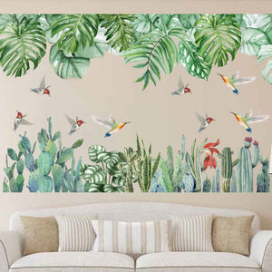 สติกเกอร์ติดผนังรูปนกและ<span class=keywords><strong>แมว</strong></span>,วอลล์เปเปอร์ลายดอกไม้สีสันสดใสพร้อมใบไม้สีเขียวสำหรับตกแต่งบ้านห้องนั่งเล่นห้องนอน - Product Image 1