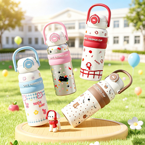 Thermos à double paroi pour enfants de 620 ml, en acier inoxydable 316/304, imprimé de dessins animés mignons, poignée portable, bouteille d'eau pour enfants - Product Image 1
